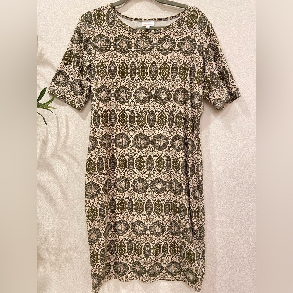 LuLaRoe Olive Green and Cream Patterned Midi Dress